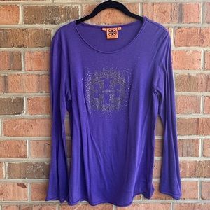 Tory Burch Long Sleeve Rhinestone Logo Tee